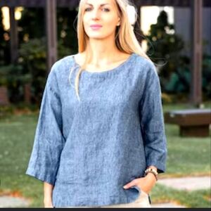 Tahari Linen Summer Top Stripes Marina Boating Outdoor Coastal Blouse Designer